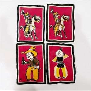 Vintage 4 Pc Western Cowboy 4 X 6” Cocktail Napkins Cotton Red Black